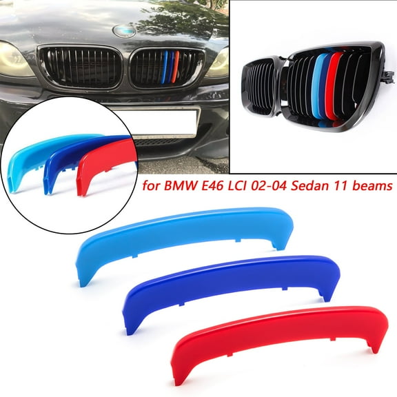 Xotic Tech TRI Color M Sporty Grille Insert Trim Exact Fit Kidney Grill Stripe Clip for BMW 3 series E46 LCI Sedan 2002-2004 (11 beam bars)