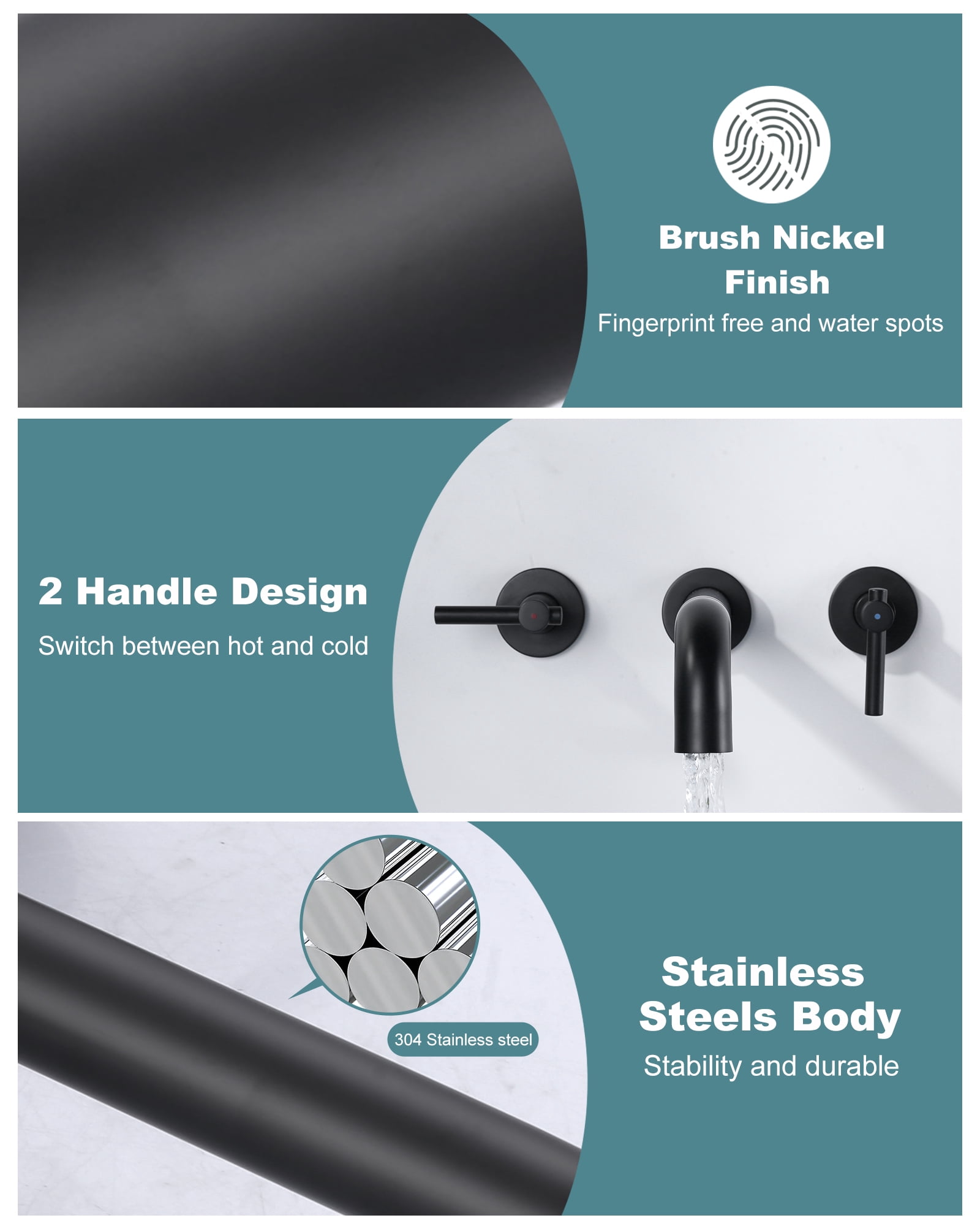 Wowow Wall Mount Tub Filler Faucets,High Flow Wall Mounted Bathtub Faucet with Two Handles and 12" Long Spout, Matte Black