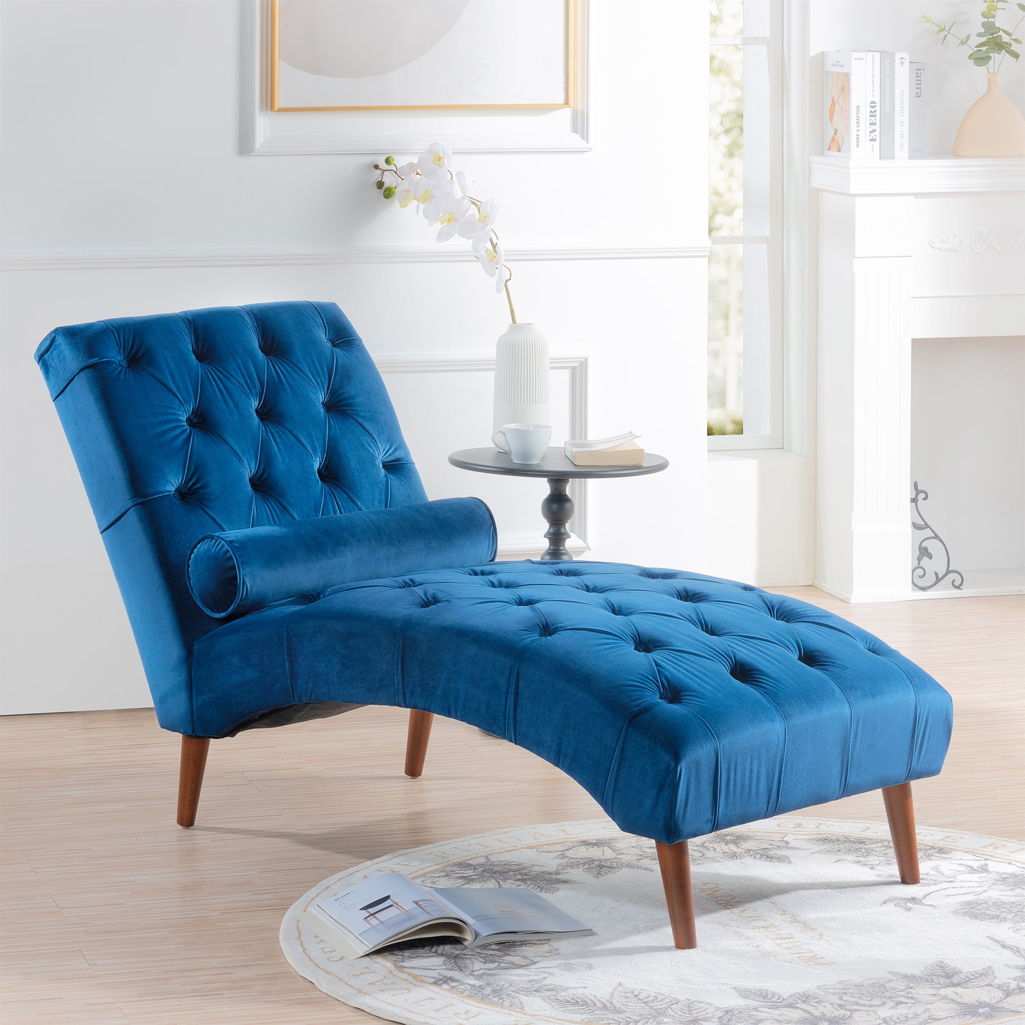 Modern Chaise Lounge, Fabric Tufted Upholstered Lounge Chair with Solid