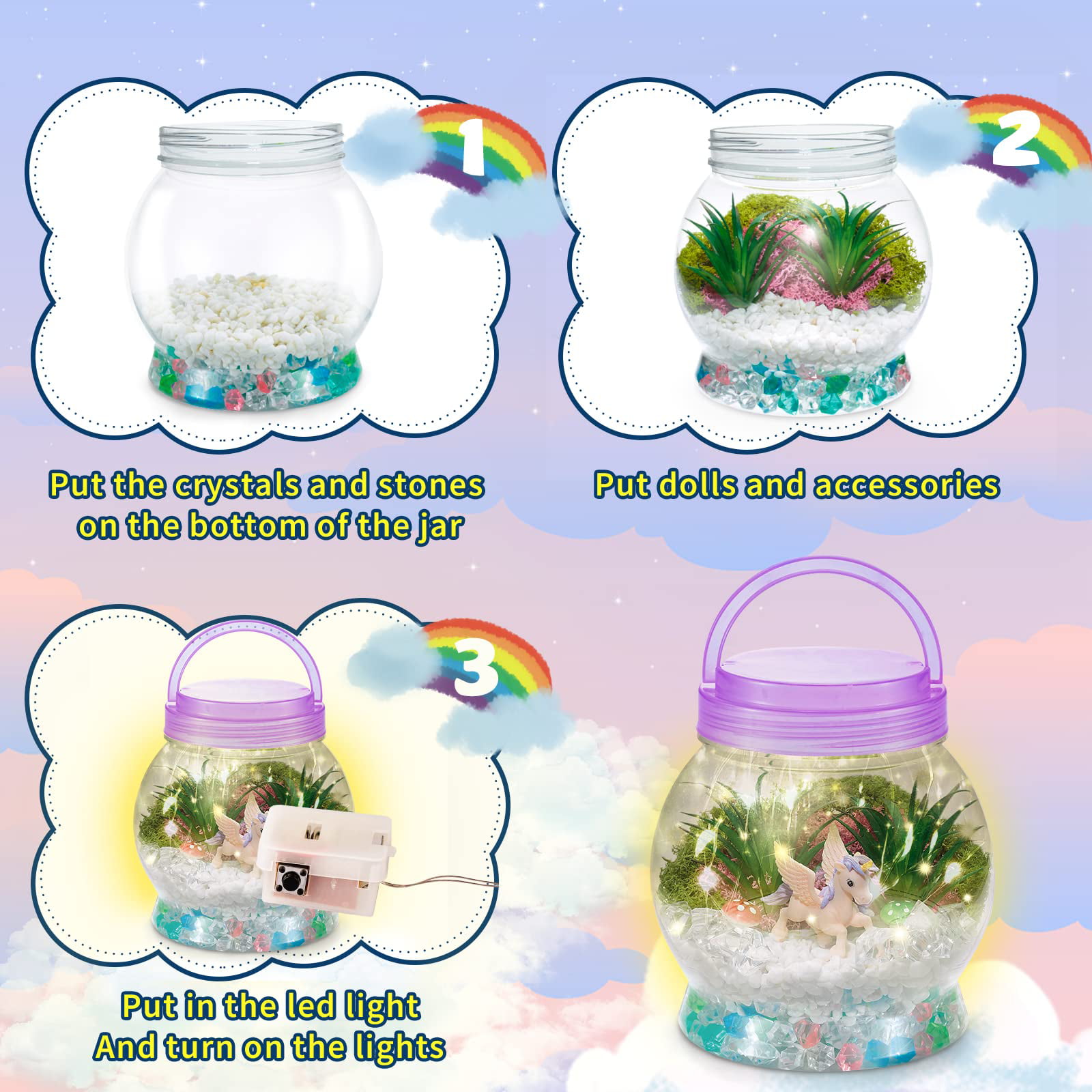 Sunnypig DIY Light-Up Kit for Kids with Mermaid Toys, Mermaid Gifts for Girls, Magical Mini Fairy Garden in A Jar with LED Light, Christmas and
