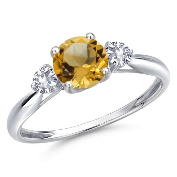 Gem Stone King 10K White Gold Yellow Citrine and White Created Sapphire 3-Stone Ring for Women | 1.06 Cttw | Round 6MM | Gemstone November Birthstone | Size 8