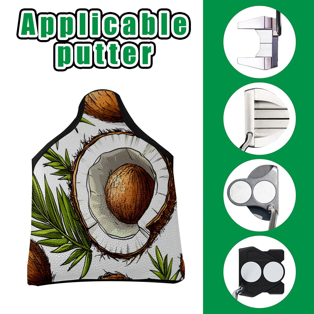 Golf Mallet Putter Cover Premium Leather Waterproof Golf Putter Head Cover with Magnetic Closure Coconut Palm Leaves