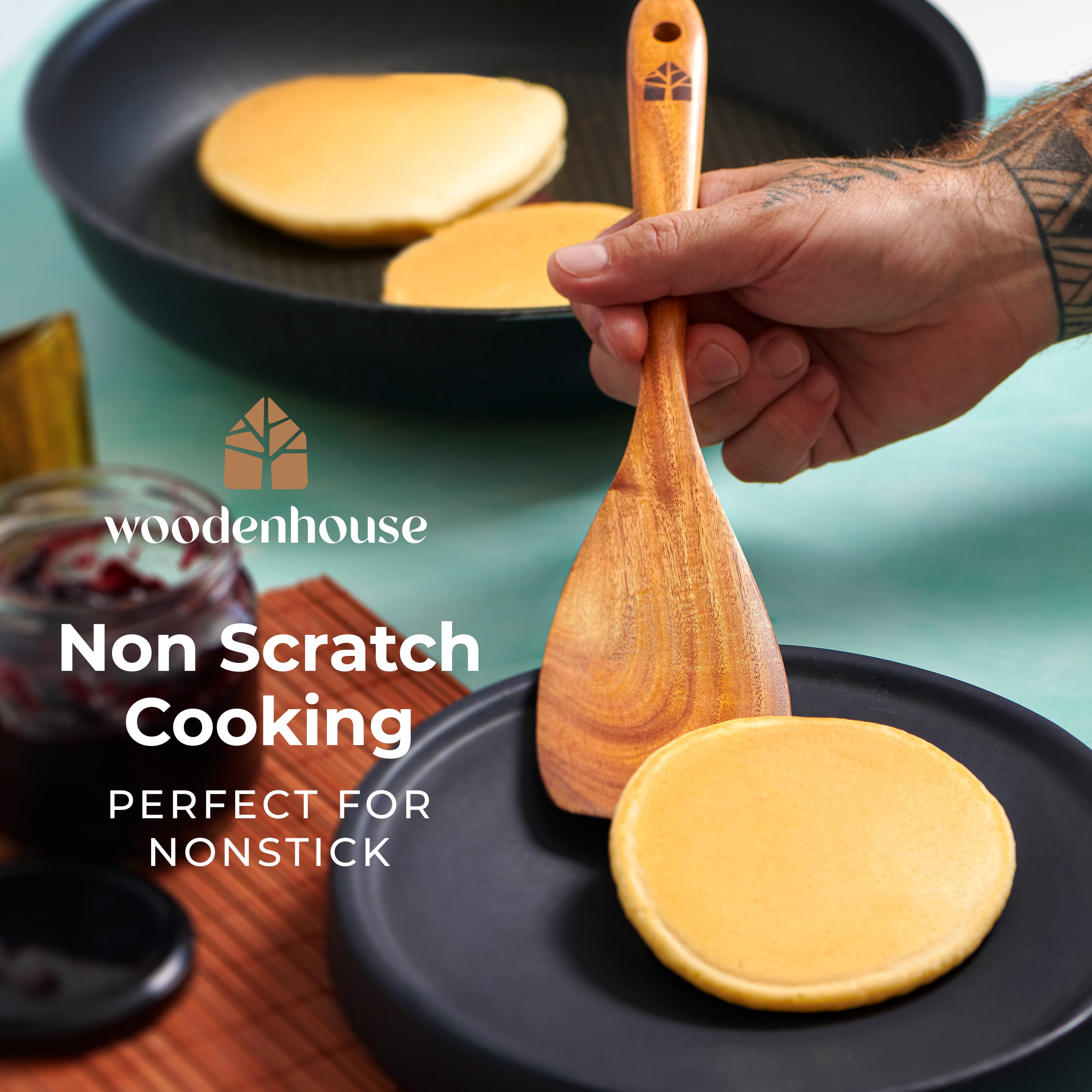 Wooden Utensils for Cooking, 8 piece Set with Holder, Perfect for Nonstick
