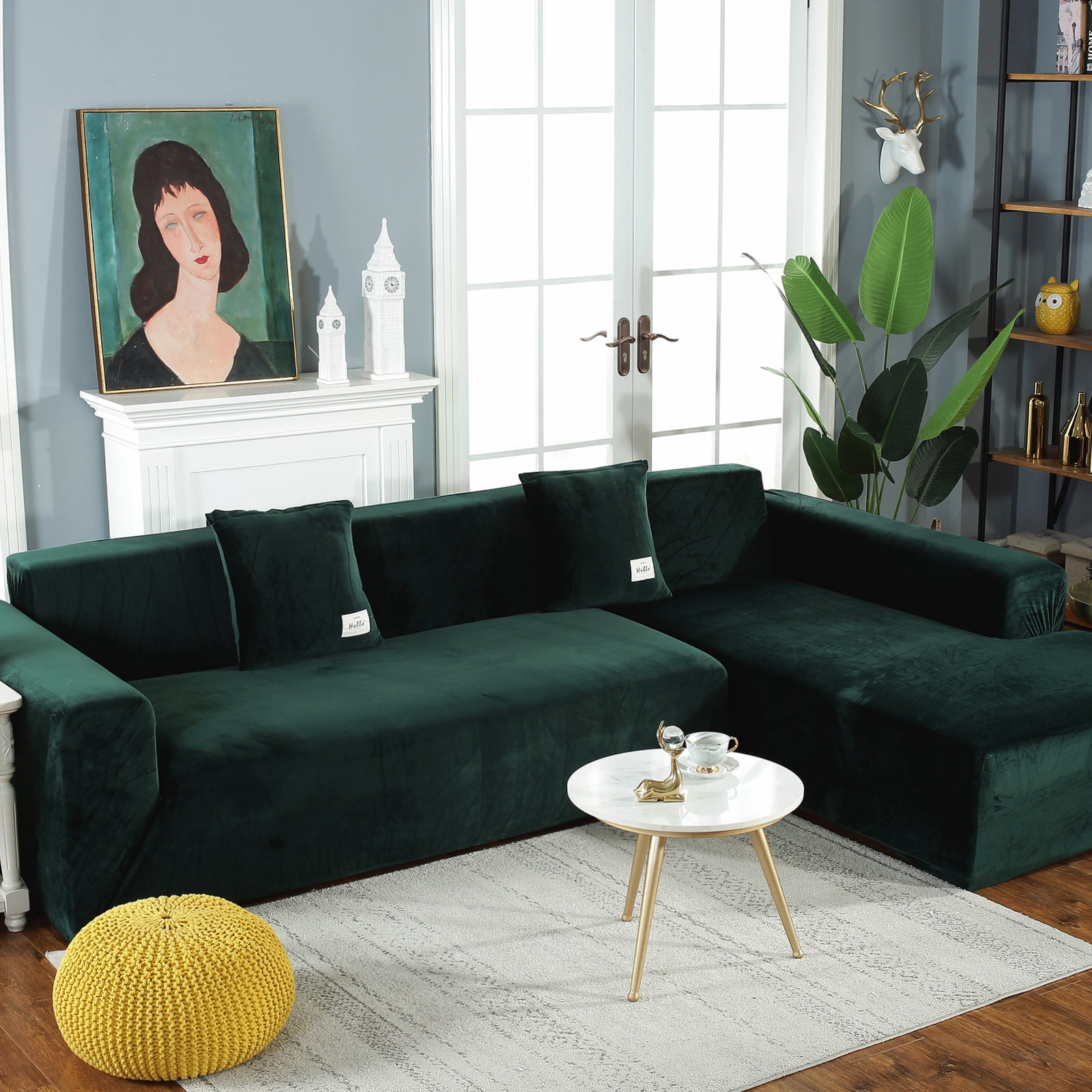 Eurhowing Velvet L-Shaped Sectional Sofa Cover with 4 Pillowcases, Stretch Soft Couch Slipcovers 3 Seater+4 Seater, Sofa Furniture Protector, Dark Green