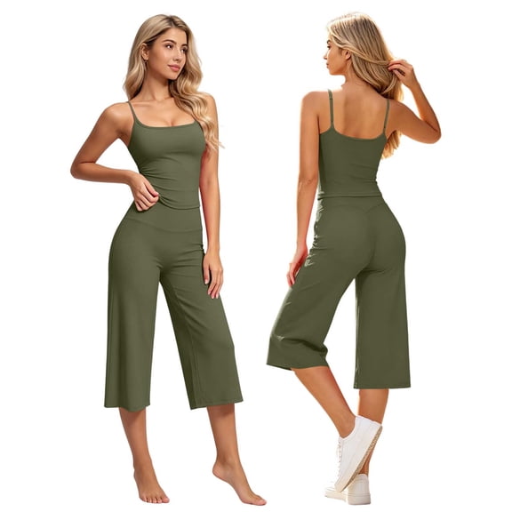 KIHOUT Women 2 Piece Yoga Outfit Adjustable Spaghetti Strap Cami Top High Waist Elastic Cropped Wide Leg Pants Casual Workout Matching Set