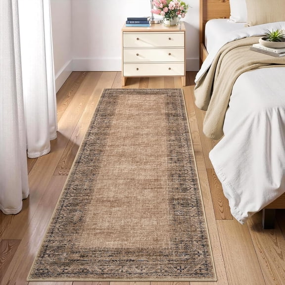 2x6 Washable Vintage Border Runner Rug Non-Slip Low Pile Stain-Resistant Boho Throw Carpet for Kitchen Hallway Living Room Bedroom Taupe/Brown.