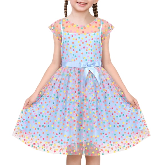 Girls Dress Blue Rainbow Polka Dot Tulle Ball Party Wedding Sleeveless 8 Years