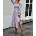 thumbnail image 3 of Boho estampado floral una línea de vestido de manga larga cuello cuadrado tubo volantes dobladillo cintura alta vestido Midi púrpura M, 3 of 8