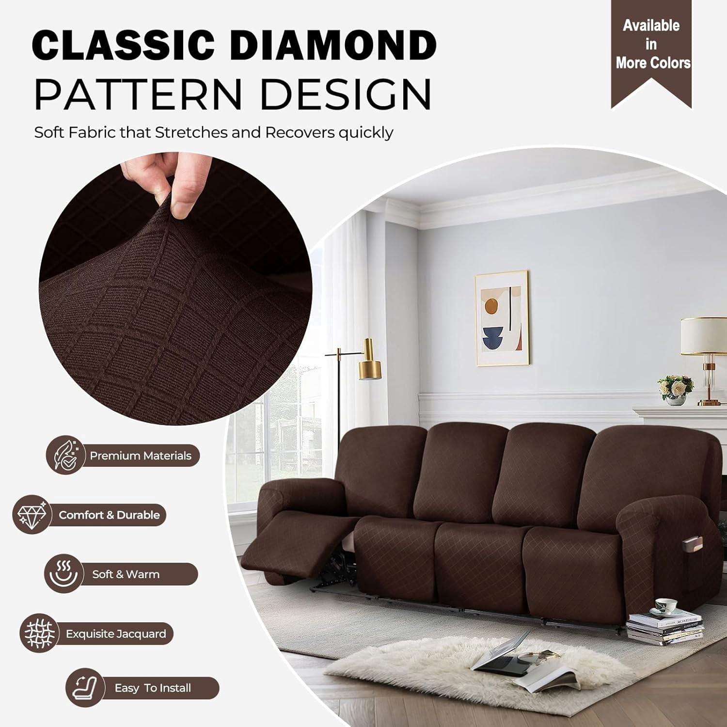 Diamond Recliner Sofa Covers 10-Pieces Stretch Large RV Couch Covers for 4 Seats Reclining Slipcovers Soft Solid Furniture Protector (Dark Coffee,4 Seat)