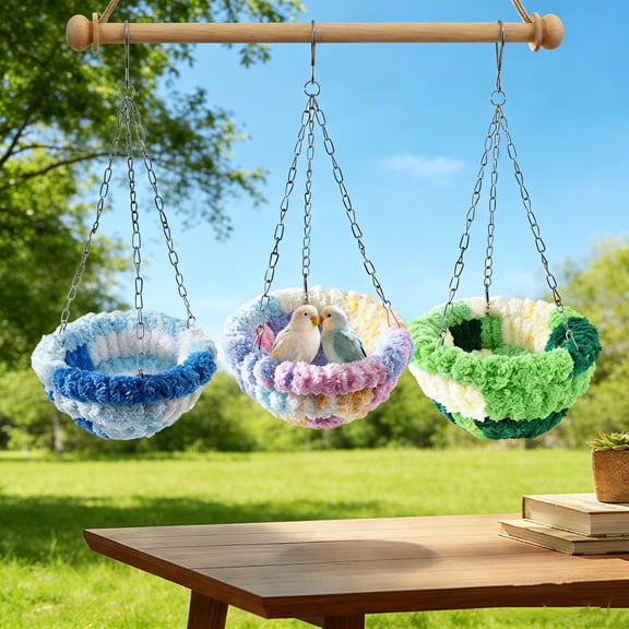 3 Inch Hanging Velvet Bird Nest for Cage with Soft Plush Interior for Cockatiel Breeding and Winter Warmth in Green Forest Theme