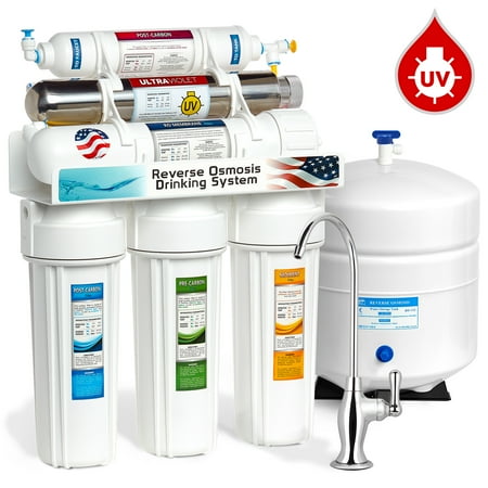 Express Water 6 Stage Ultraviolet Reverse Osmosis Water Filtration System 50 GPD RO Membrane Filter Residential Under Sink Home Drinking Purifier UV Light Sterilizer Chrome Housing 1 GPM Bulb ROUV5D