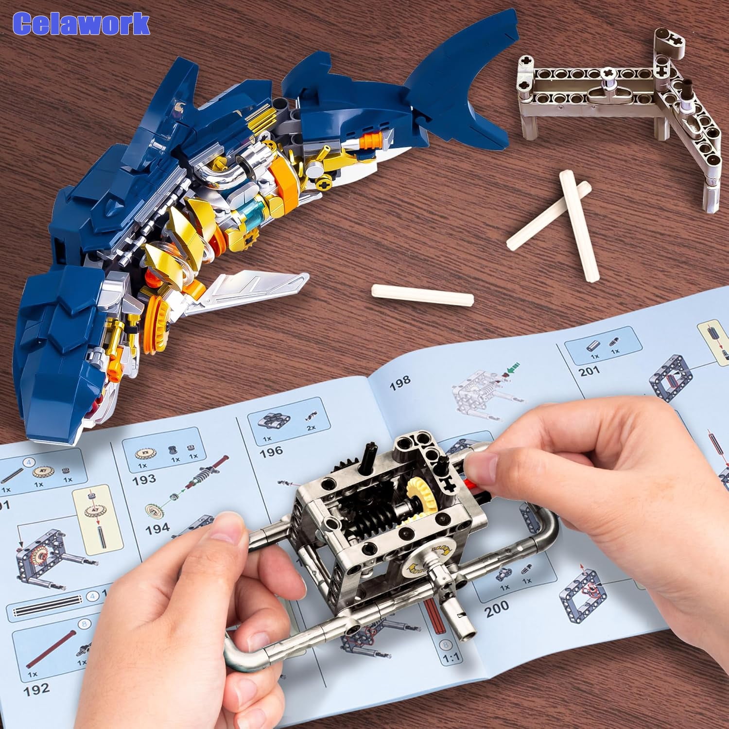 Shark Building Block Set, Sea Animal Building Blocks STEM Toys, with Swivelling Body and Light，with Display Stand for Adults, Marine and Mechanical Enthusiasts