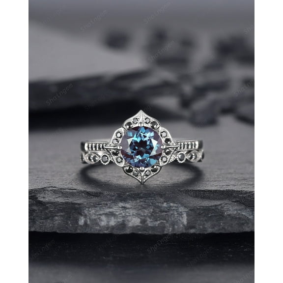 Round Cut Alexandrite Engagement Ring Set, Vintage White Gold Black Moissanite Halo Promise Wedding Ring Bridal Set, Floral Ring set