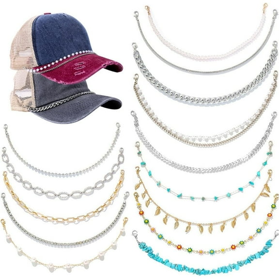 14 Pcs Premium Hat Chains, Elegant Pearl & Turquoise Charm Collection with Secure Clasps, Versatile DIY Decoration Chains for Trucker & Baseball Caps, Ideal Festival Gift for Women Men