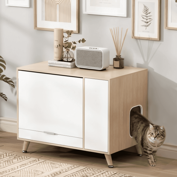 WHIFEA Hidden Cat Litter Box Enclosure with Flip-Up Door & Pull-Out Drawer – Multi-Functional Cat Washroom Furniture, Indoor Cat House and Stylish Pet Cabinet,White