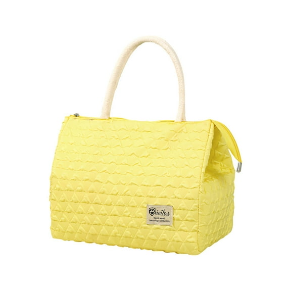 Cute Quilted Insulated Lunch Tote Bag for Women, Small Aesthetic Yellow or White Lunch Box with Handle, Soft Waterproof Lunchbag for Work, School, Picnic