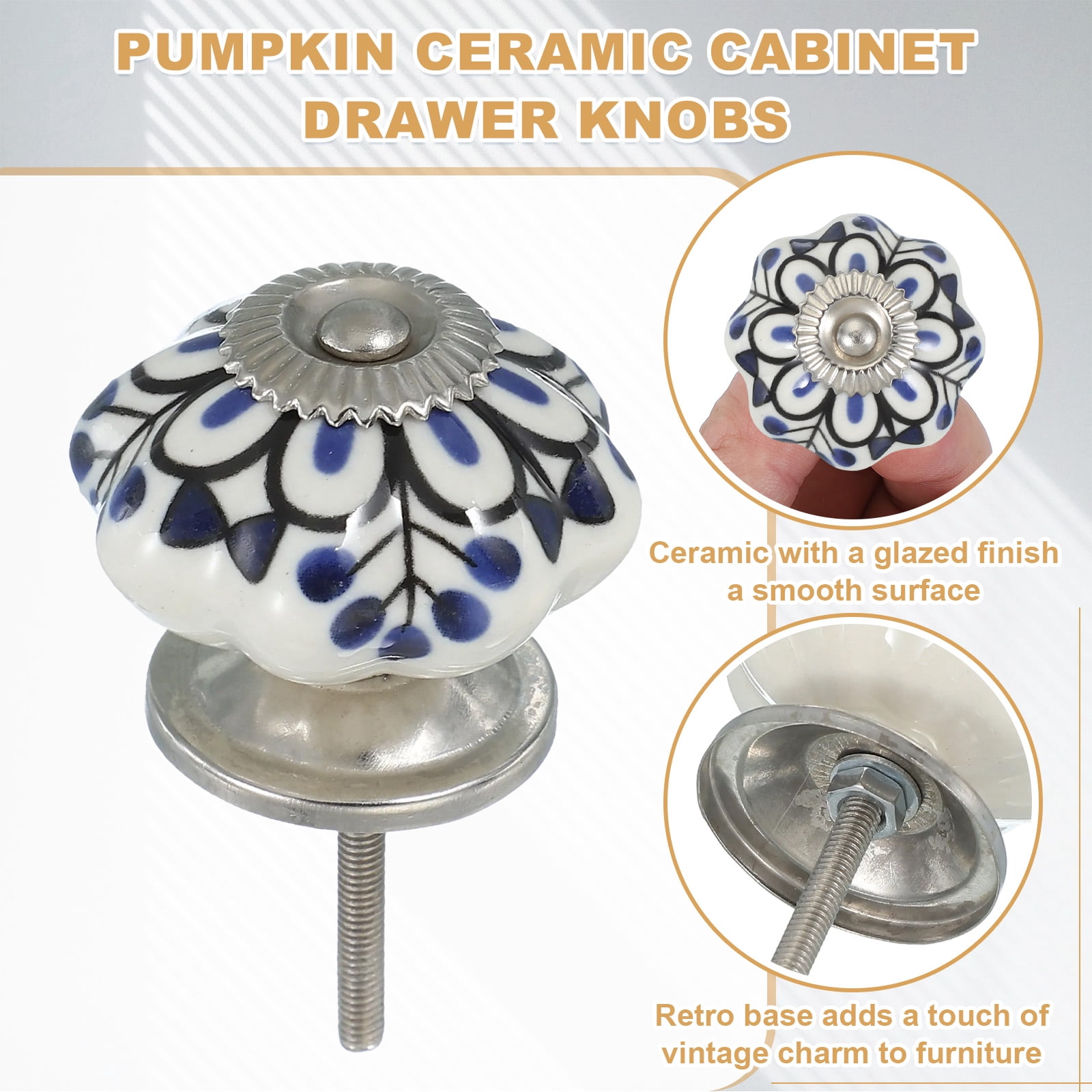Uxcell 6 Packs Ceramic Knobs Pumpkin Ceramic Cabinet Drawer Knobs with Screw White Dark Blue