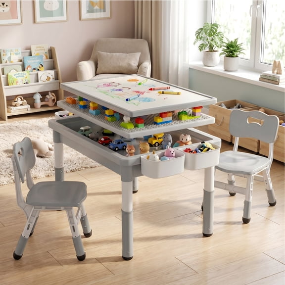 AILEEKISS Kids Table and Chair Set, Children Lego Table Play Activity Desk for Drawing, Grey