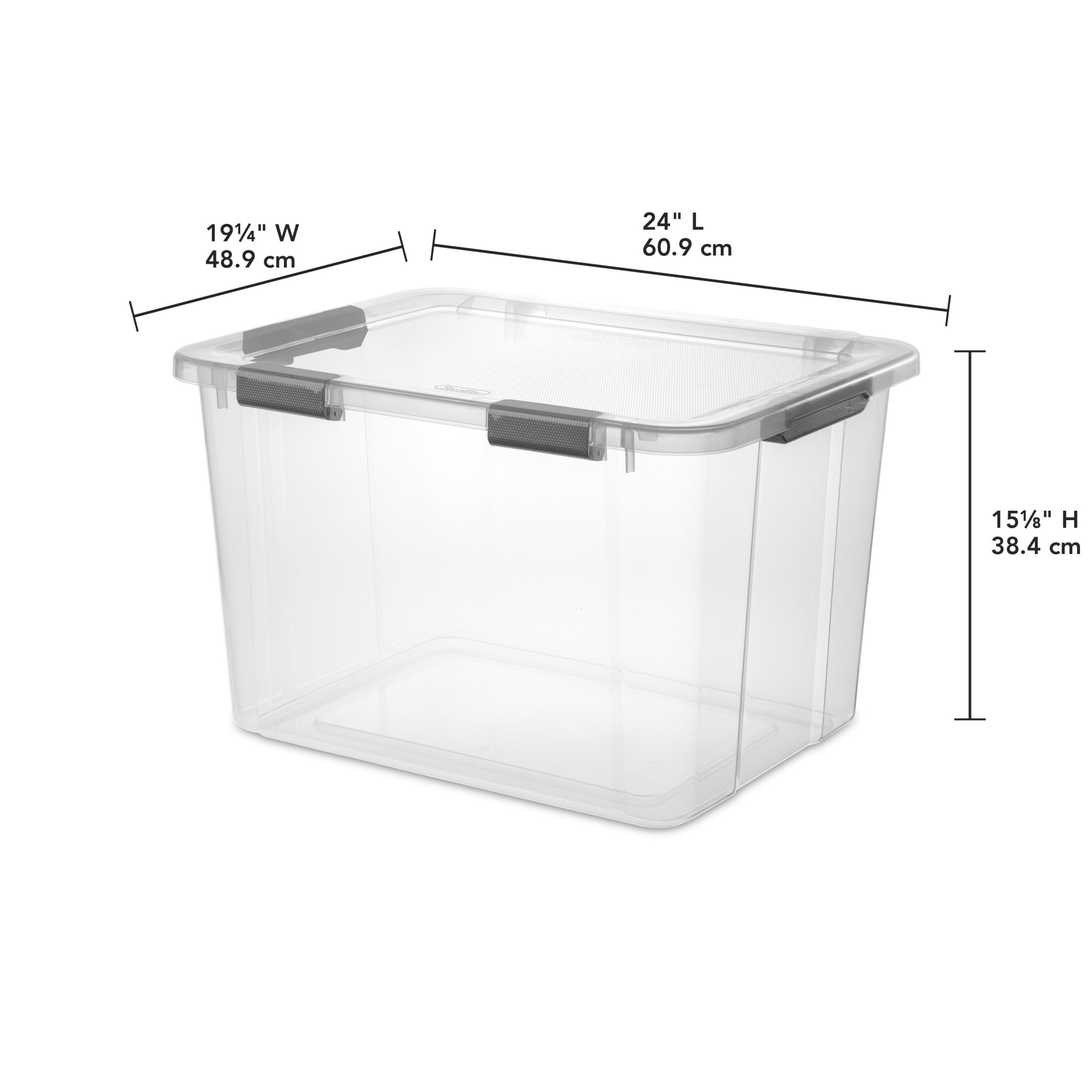 Sterilite 80 Quart HingeLID Clear Storage Bin with Latch Lid and Comfort Grip, Dark Gray, 4 Pack