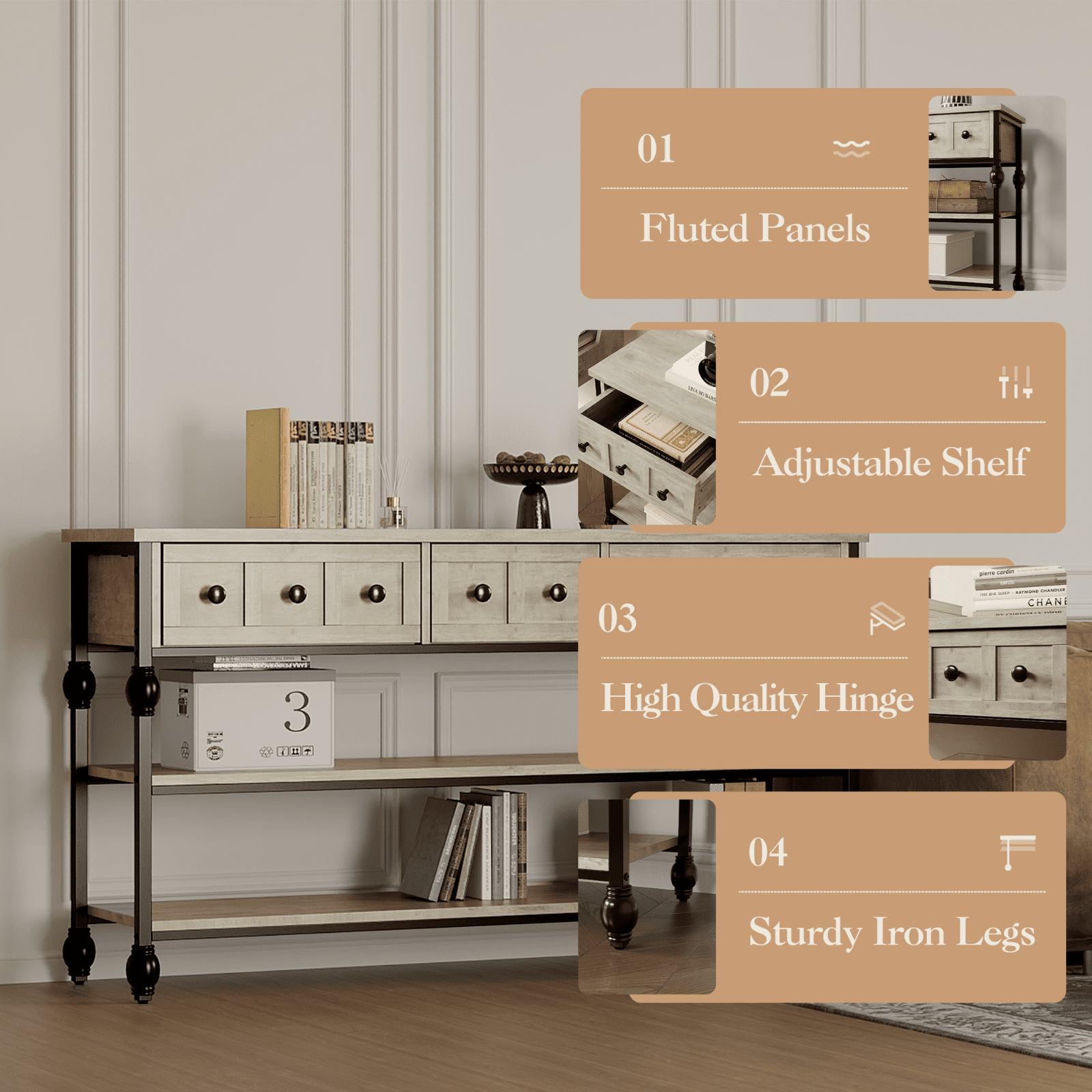 52.5 Inch Long Console Tables for Entryway with 3 Drawers, 3-Tier Industrial Metal Frame Sofa Table with Roman Column Legs for Hallway, Living Room, Foyer, Retro