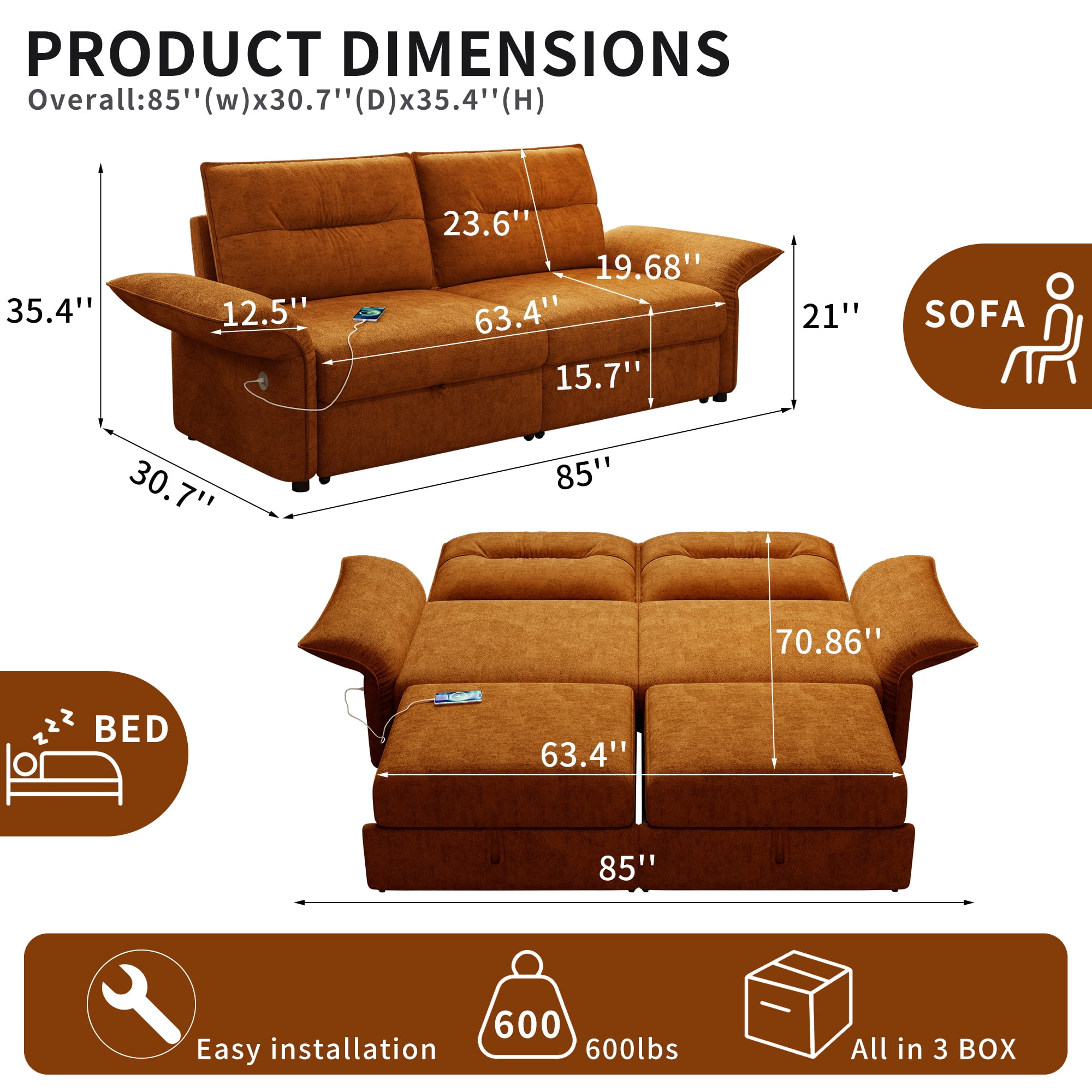 Leumius 85" Convertible Sofa Bed with Wood Frame,2-in-1 Upholstered Sleeper Sofa Bed with Pull Out Bed for Living Room,Apartment,600 lbs Capacity,Orange