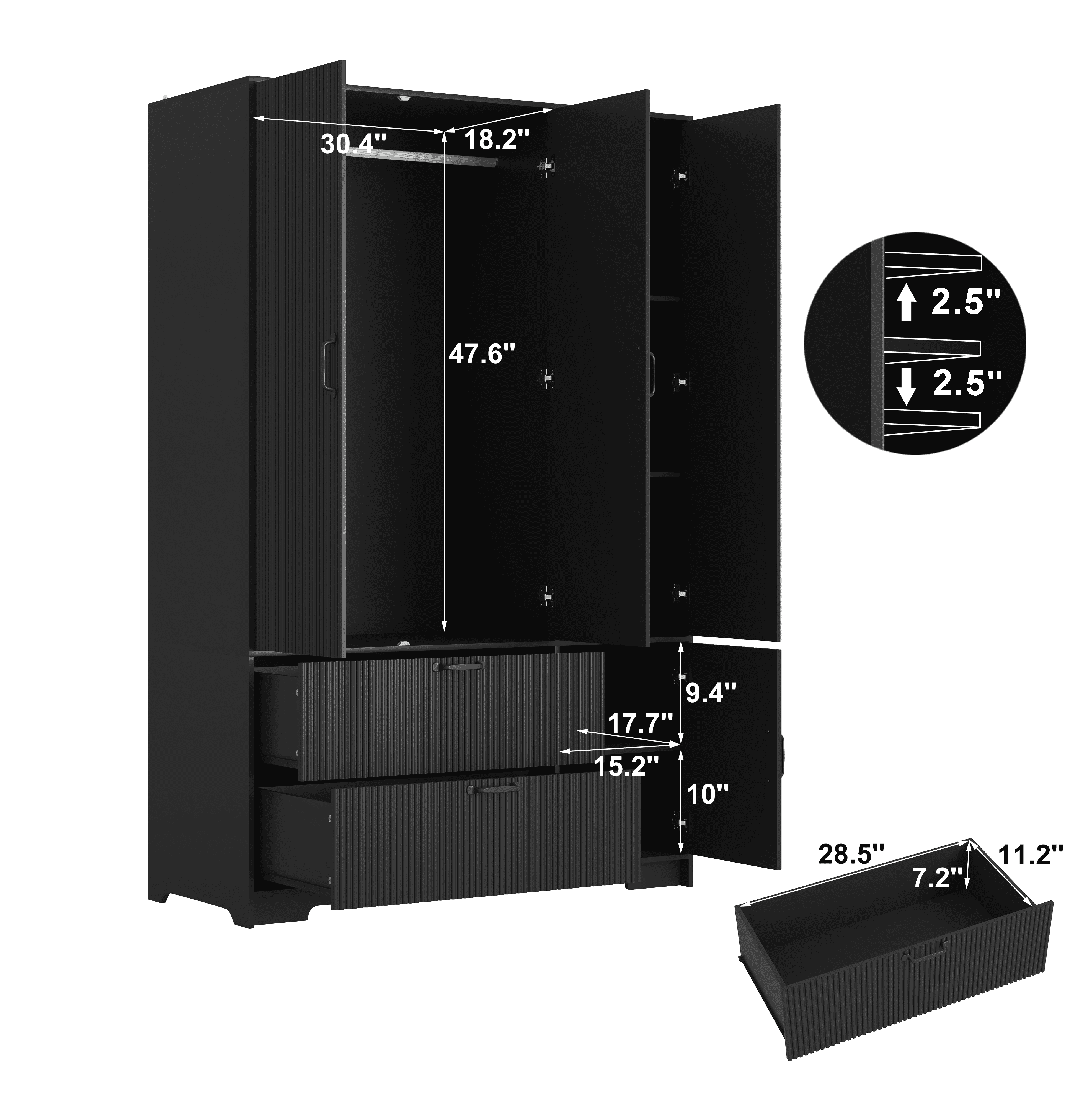 Mintazer Freestanding Wardrobe Armoire with Mirror & 4 Door, 71" Tall Clothing Storage Cabinet with Motion Sensor Light & 2 Large Drawers for Bedroom, Black