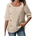 thumbnail image 2 of Camiseta Informal Holgada de Corta con Cuello Redondo y Botones de Algodón y para Mujer, Estilo Formal y de Trabajo Caqui L, 2 of 7