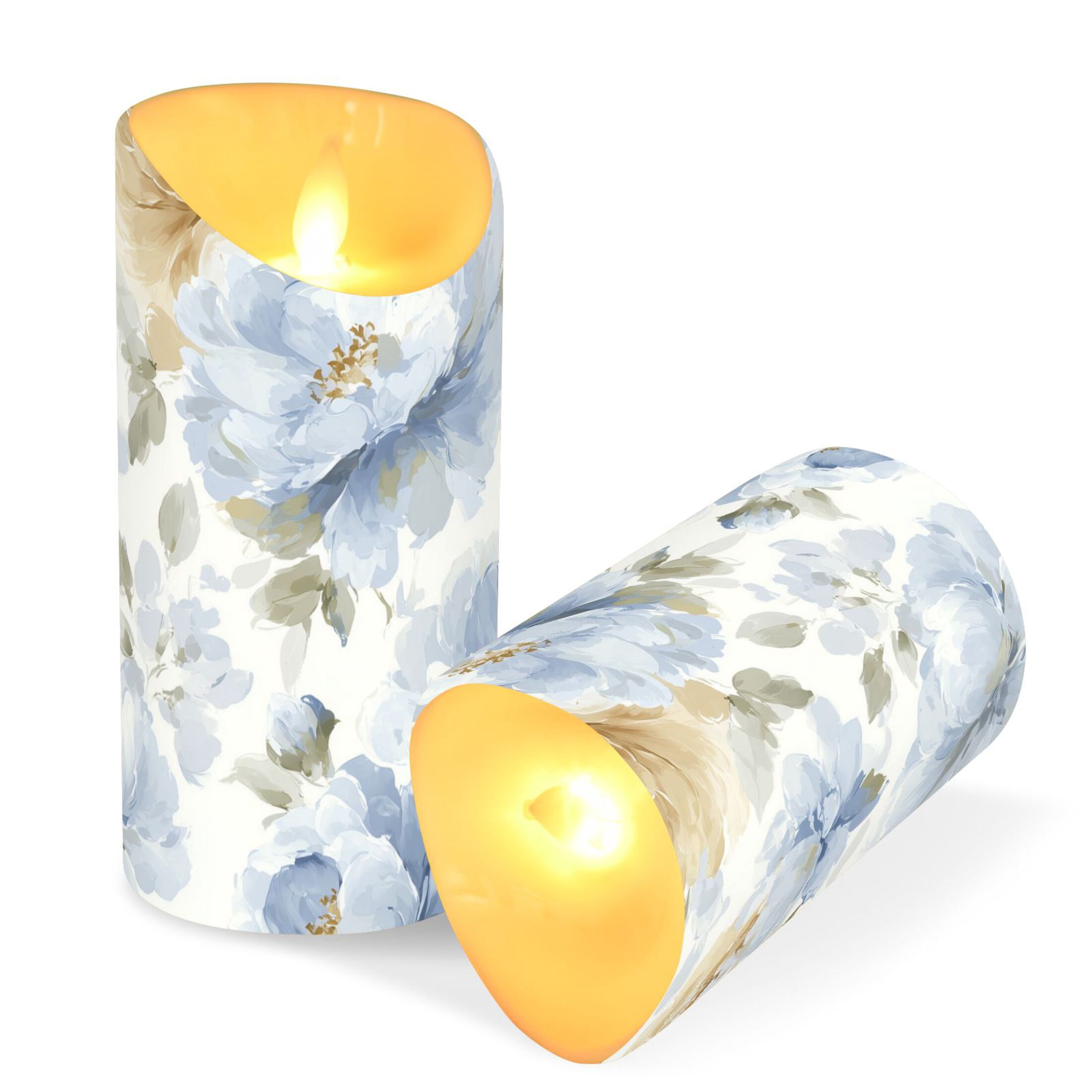 Light Blue and Yellow Flowers Flickering Flameless Candles with Remote Timer Battery Operated LED Tealight Set of 2 M