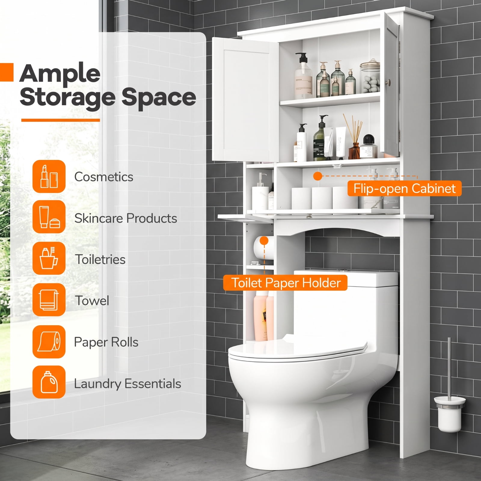 Vebreda Over the Toilet Storage Cabinet with Adjustable Shelf and Bottom Bar and Tissue Box for Bathroom Space Saving Organizer, White