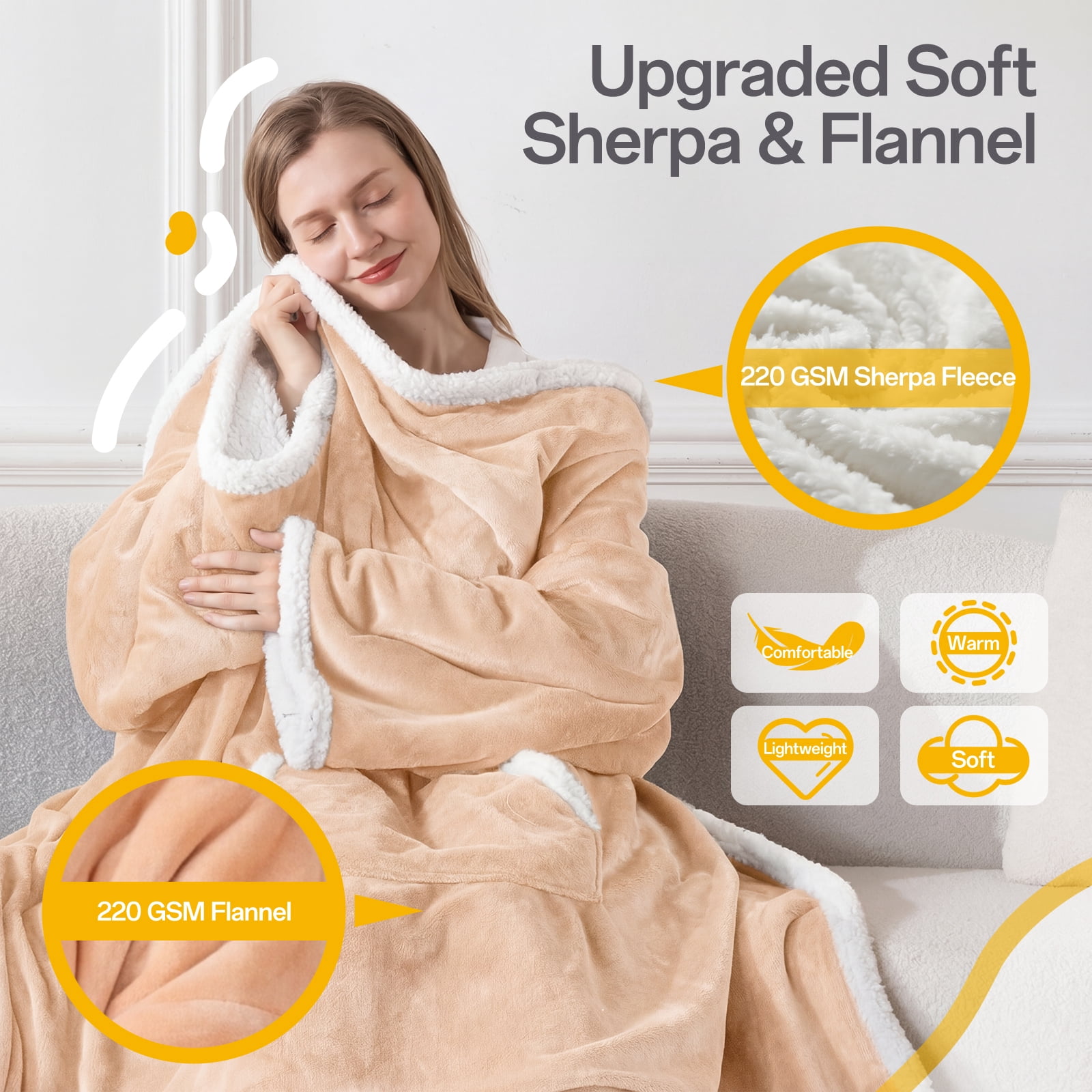 ELEKA Wearable Heated Blanket with Foot Pocket，Electric Blanket with Sleeves，6 Heating Levels,4 Hours Heating Time Settings，Beige，52*72