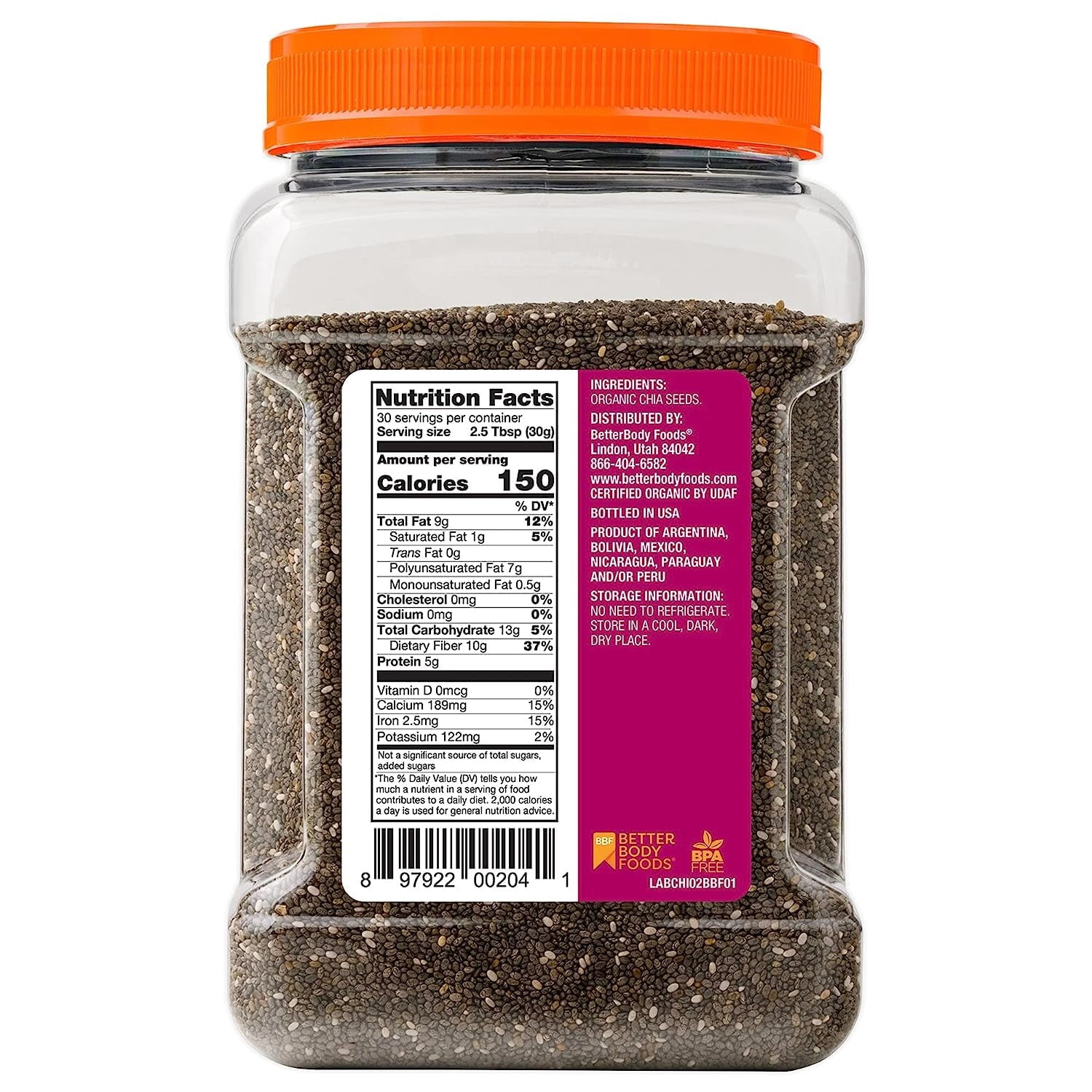 BetterBody Foods Organic Chia Seeds with Omega-3, Non-GMO, Gluten Free, Keto Diet Friendly, Vegan, Good Source of Fiber, 2 lbs, 32 Oz