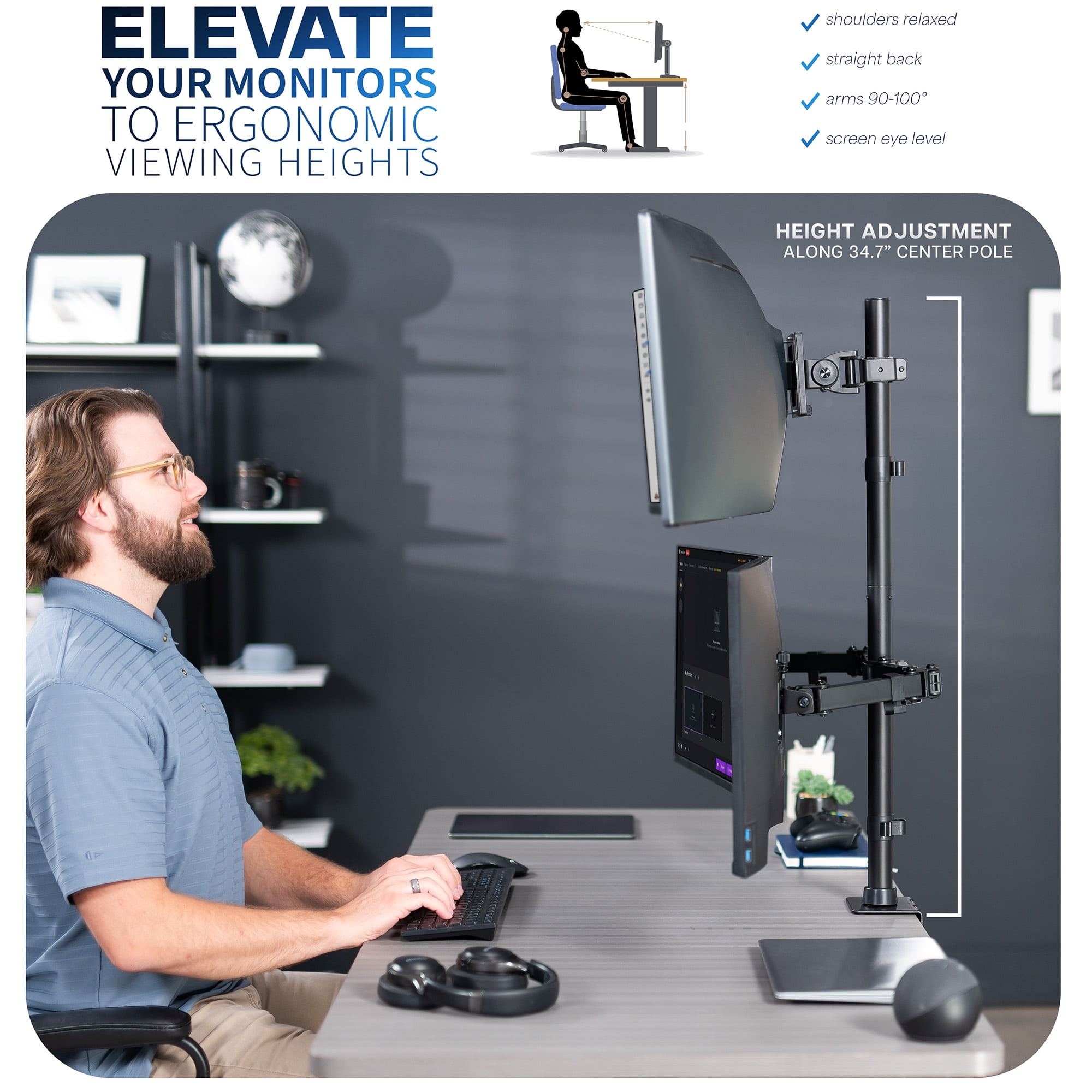 VIVO Triple Computer Monitor Desk Mount, 1 Ultrawide to 49", 2 Standard to 27"