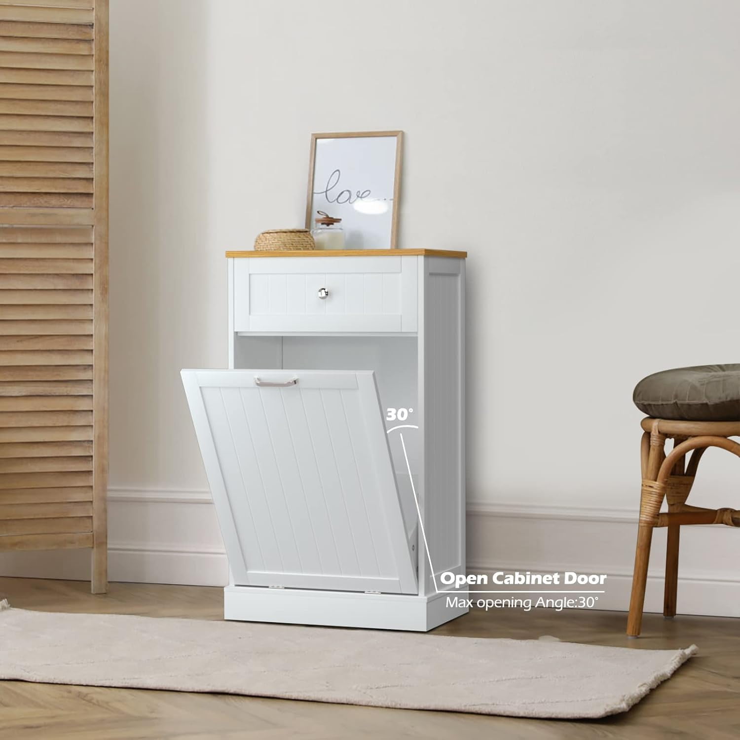 Reliancer Tilt Out Trash Can Cabinet with Hideaway Drawer, 10 Gallon Kitchen Free Standing Storage Can Holder Garbage Recycling Cabinet for Kitchen, White