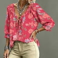 thumbnail image 4 of Women's 3/4 Sleeve V Neck Floral Print Ruffle Blouses Tie Front Flowy Boho Tops Lightweight Woven Casual Shirts Trendy 2026 Summer Beach Outfits Red S, 4 of 5