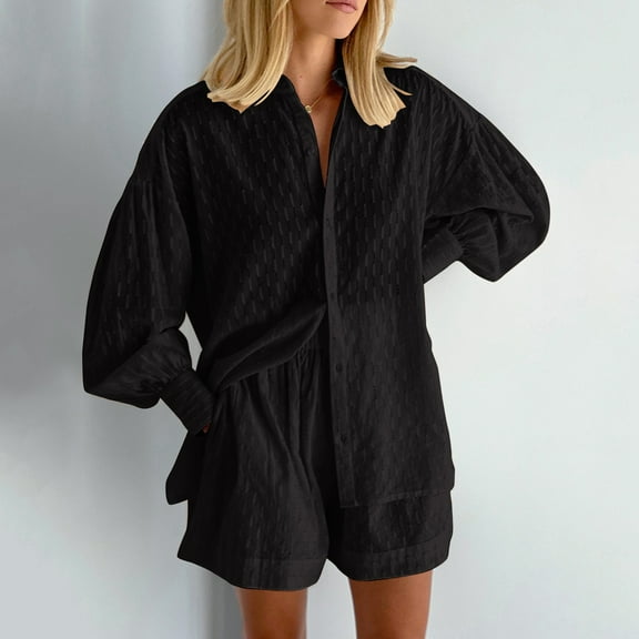 Baqcunre Womens 2 Piece Puff Sleeve Long Sleeve Top and Shorts Casual Set,Size L,Two Piece Sets for Women,Outfits for Women,Fall Outfits Women Trendy,Women's Pants,Women Clothing,Black