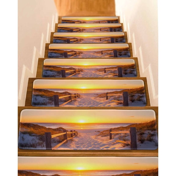 Stair Treads for Wooden Steps, Summer Beach Peel and Stick Stair Treads with Reusable Adhesive, Sunset Nautical Ocean Sea Non Slip Indoor Stairs Runner Rugs Mats for Elders Dogs 8"x30" 7PCS