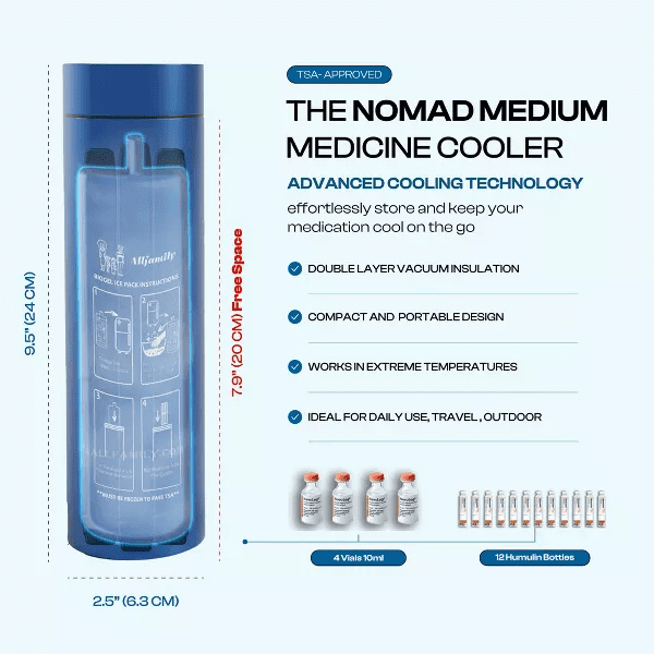 4ALLFAMILY Nomad Medium Diabetes Insulin Cooler TSA Approved Biogel Ice Pack Fits 1-3 Pens, Blue