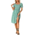 thumbnail image 2 of INSPIRE CHIC Gingham Smocked Dress for Women's Square Neck Side Slit Casual Plaid Dresses S Green, 2 of 6