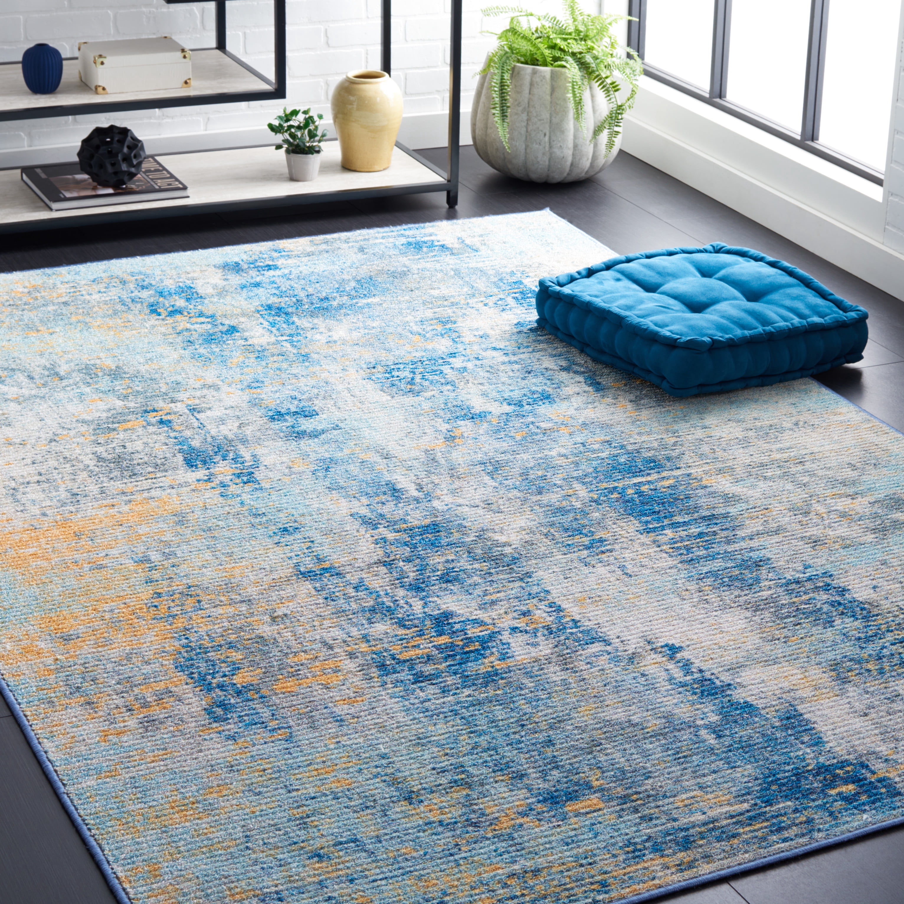 SAFAVIEH Sequoia Utica Abstract Polyester Machine Washable Area Rug, Ivory Blue/Gold, 5'5" x 7'6"