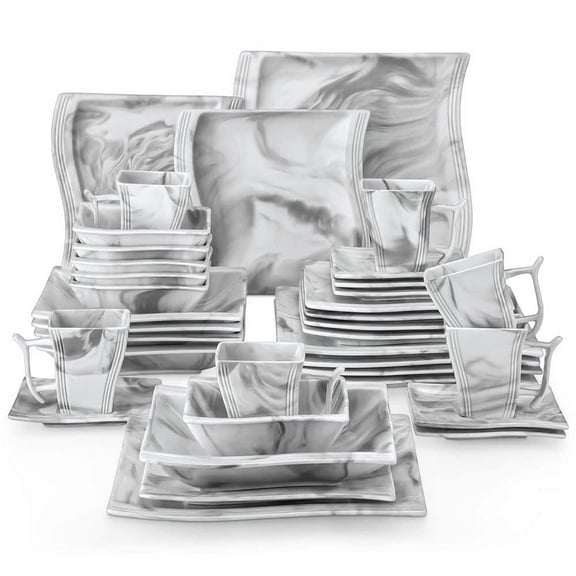 36-Piece Marble Grey Porcelain Dinnerware Set Service for 6-Dishware Tableware Dining Set with Plates Bowls Cups Saucers