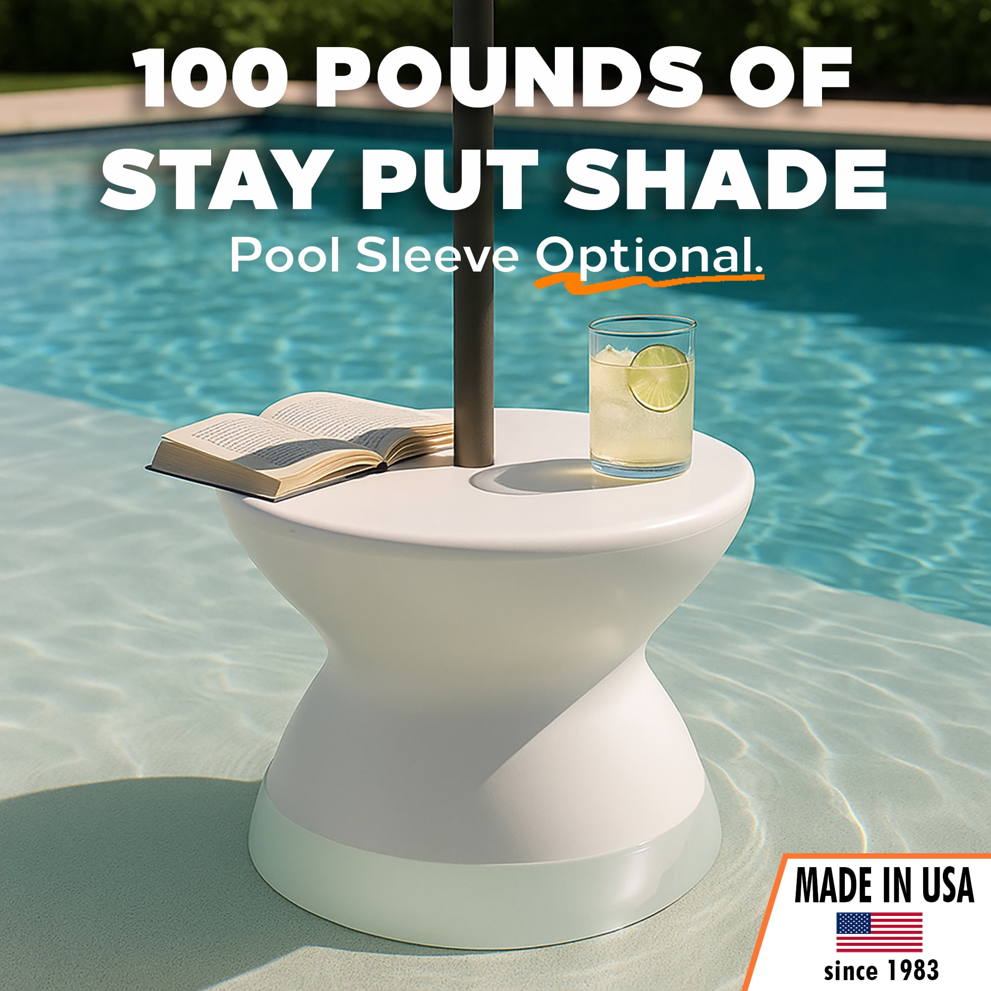 Dunn-Rite ShadeTable Water-Filled Pool Umbrella Outdoor Base and Side Table, Fits 1.5" Pool Umbrella for Inside of Pool, Use on Patios, Docks, in-Water up to 12" Deep, Made in USA, White