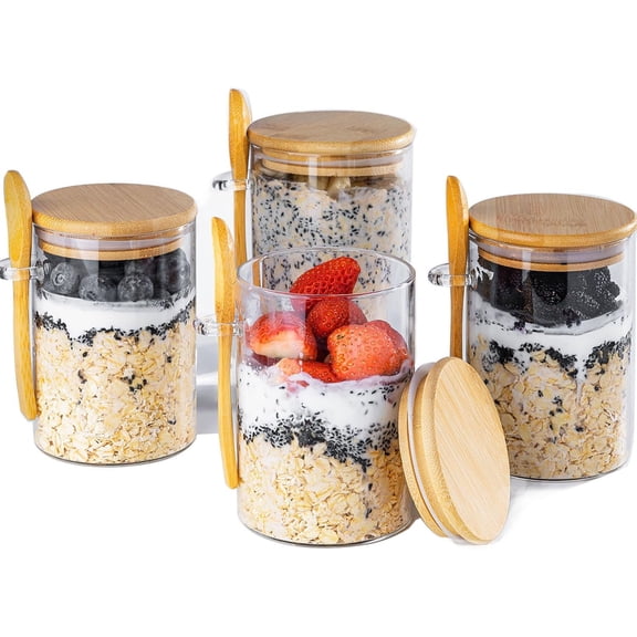 XUET Overnight Oats Containers with Lids,16oz Overnight Oats Jars 4 Pack, Oatmeal Cups,Meal Prep Containers,Glass Meal Prep Containers with Lids,China Pudding Jars