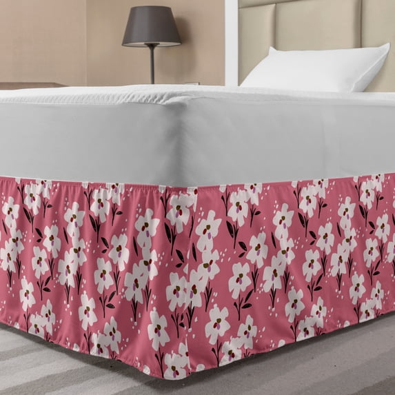 Floral Bed Skirt, Repetitive Abstract Design Simplistic Hand Drawn Flowers, Elastic Bedskirt Dust Ruffle Wrap Around for Bedding Decor, 4 Sizes, Pink Grey, by Ambesonne