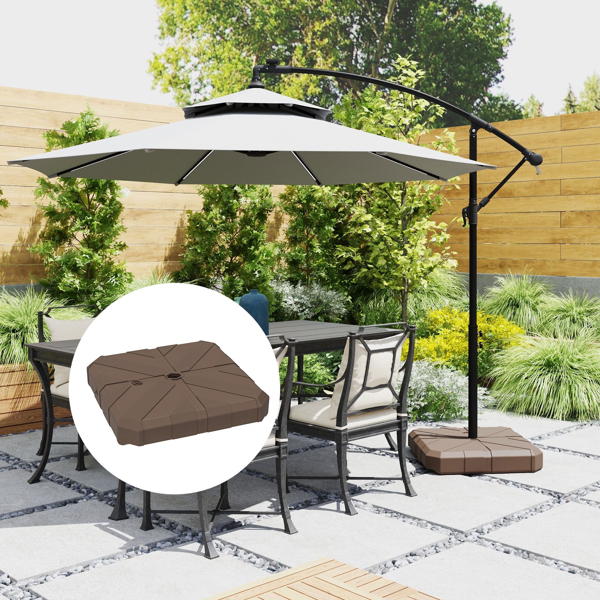 Square Patio Umbrella Base, Cantilever Offset Umbrella Base Heavy Duty Outdoor Umbrella Stand Base, Filled Up to 143lbs with Stand or 130lbs with Water for Garden Poolside, Brown