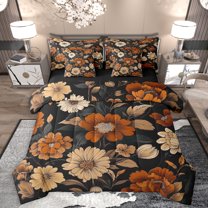 Homewish Rustic Flower Floral 7-Piece Twin Bedding Sets,Country Plant Bedding Comforter Set,Brown Orange Black Sheet Sets For Teens,Luxury Bedroom Decor Reversible