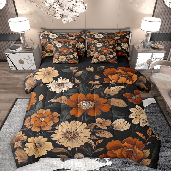 Homewish Rustic Flower Floral 7-Piece Twin Bedding Sets,Country Plant Bedding Comforter Set,Brown Orange Black Sheet Sets For Teens,Luxury Bedroom Decor Reversible