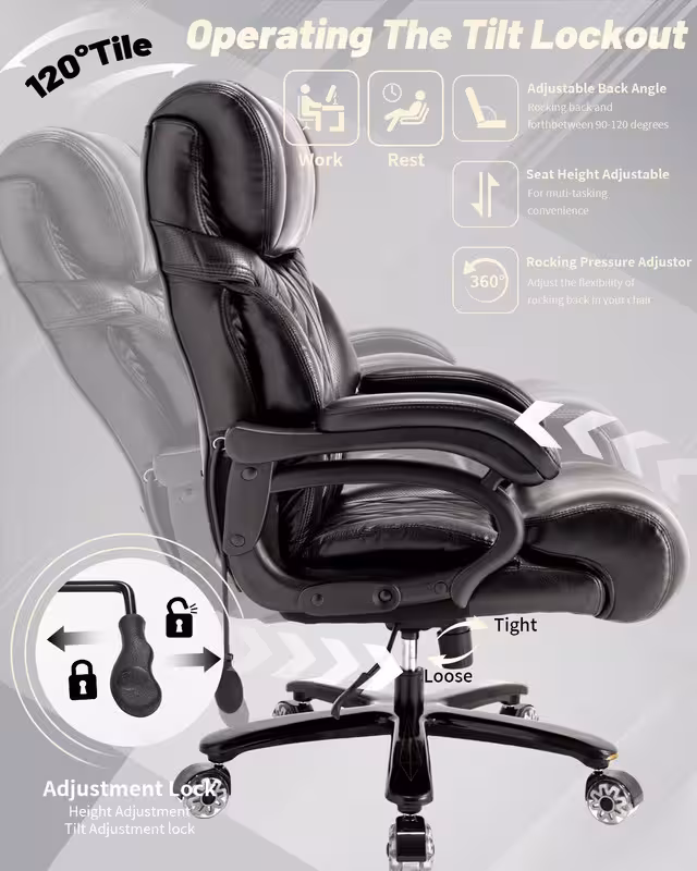 thumbnail image 5 of Qusaphy 800lbs Big and Tall PU Leather Executive Office Chair with Reclining Backrest, Spring Cushion Seat, Lumbar Support & Ergonomic Armrests for Home Office and Conference Room, 5 of 8
