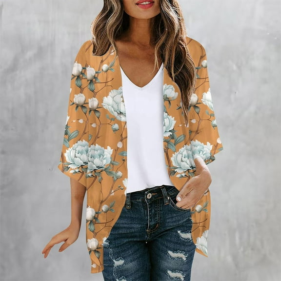 DDAPJ pyju Womens Chiffon Kimono Cardigan Dressy Casual 3/4 Sleeve Open Front Duster Cardigans Lightweight Beach Swimsuit Cover Ups 2025 Summer Resort Wear Brown S