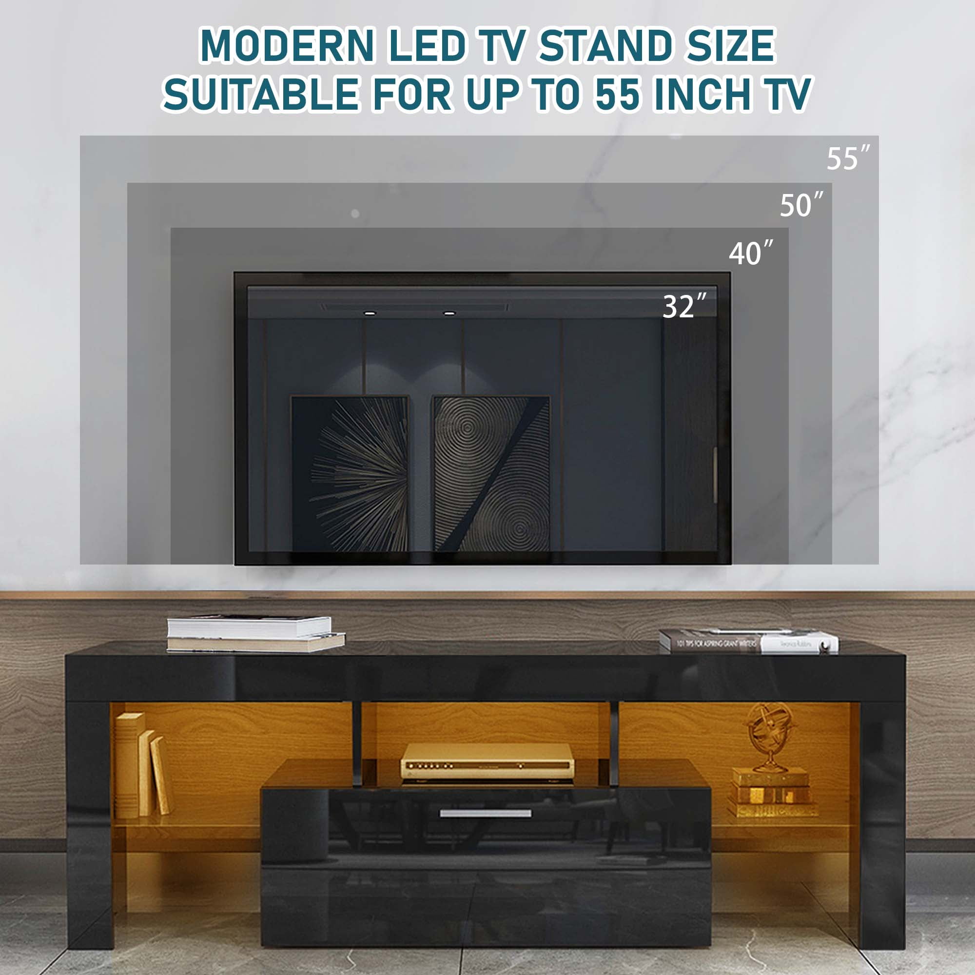 Aukfa LED  TV Stand for TVs up to 60", Storage TV Cabinet for Living Room - Black