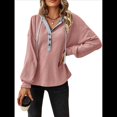 thumbnail image 1 of Sudadera con Capucha y Cordón de Color para Mujer, Cuello en V, Botones Delanteros, Suelta, Informal, de Larga, para Vacaciones de Otoño Rosa M, 1 of 10